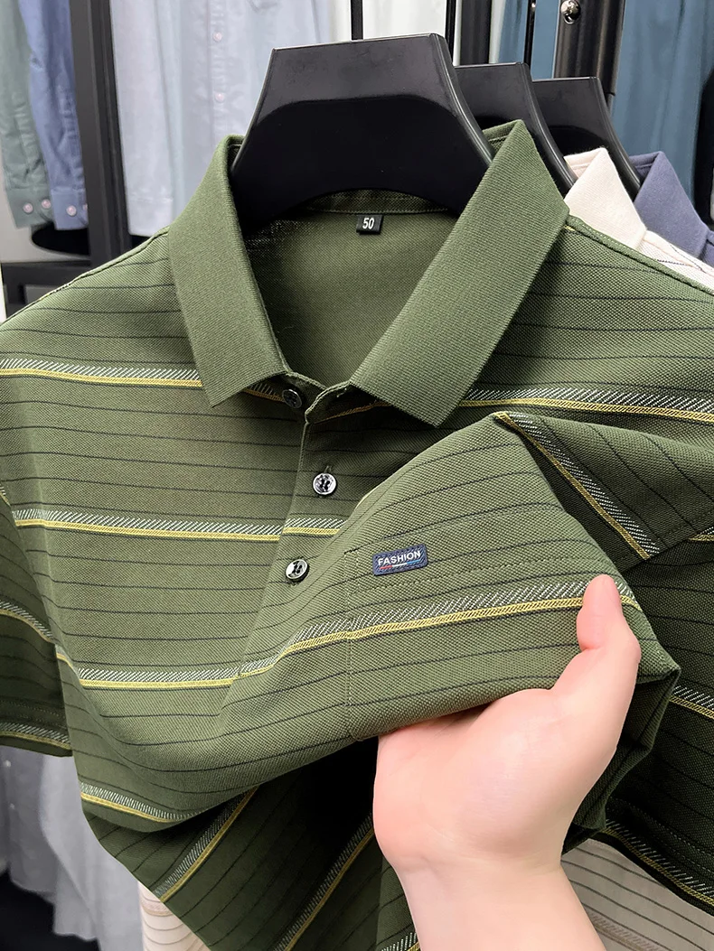 High quality stripe men short sleeve polo shirt light luxury pocket comfort breathable summer silky cotton casual lapel T-shirt 20 Sc207e13e9c6e4f0195324f48e0929ed2P