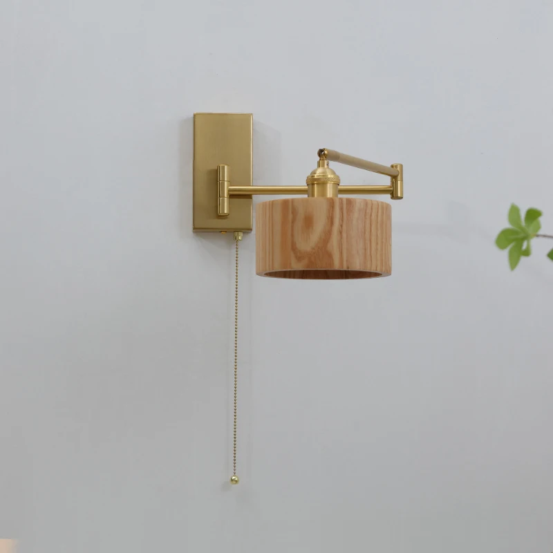 IWHD Left Right Rotate LED Wall Lamp Sconce Pull Chain Switch Bedroom Bathroom Mirror Stair Light Wooden Lampshade Wandlamp