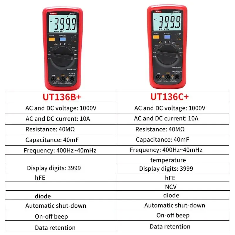 UNI T UT136B+/C+ 디지털 멀티미터 1000V 10A AC DC True RMS 자동 범위 지정 기능(과부하 경보 포함) 빠른 샘플링 및 LED 손전등