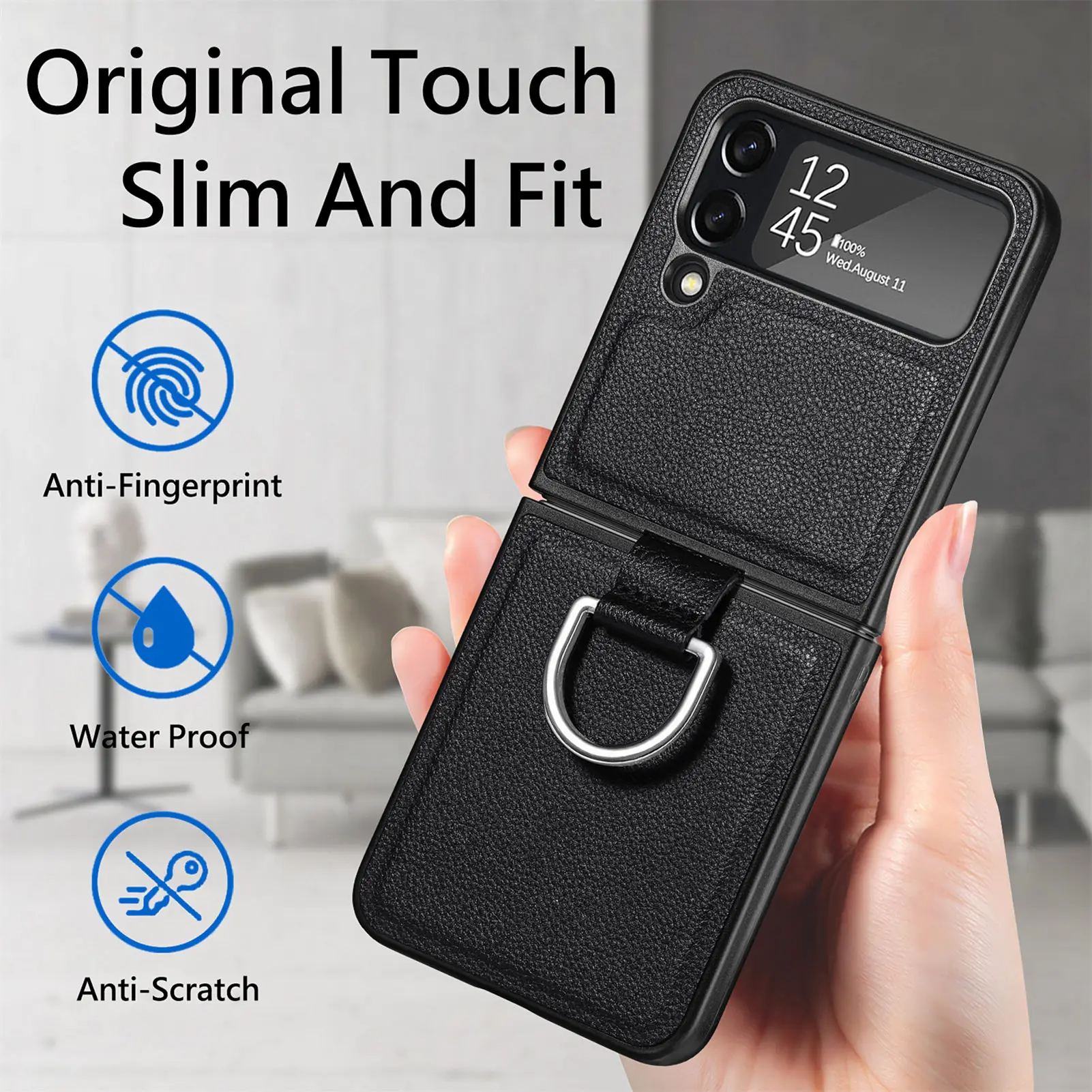 Slim Leather Phone Case with Finger Ring Holder and Anti-Drop Protection