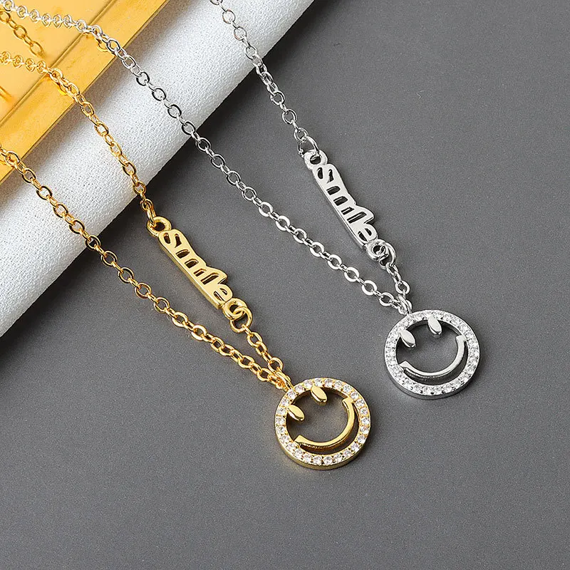 

925 Sterling Silver Elegant Zircon Hollow Smile Face Pendant Necklace Gold Plated Jewelry for Women Girls Daily Accessories Gift