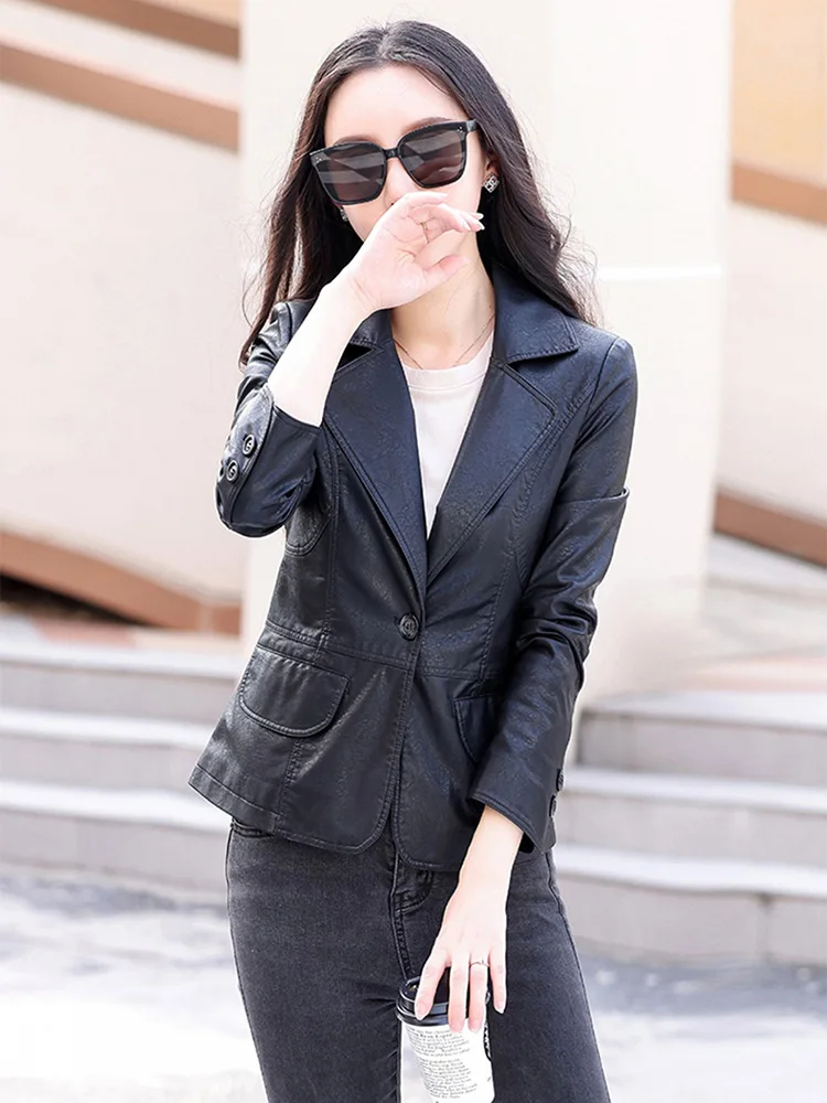 New Women Sheepskin Blazer Spring Autumn Fashion Classic Single Button Slim Leather Coat Casual Basics Split Leather Jacket