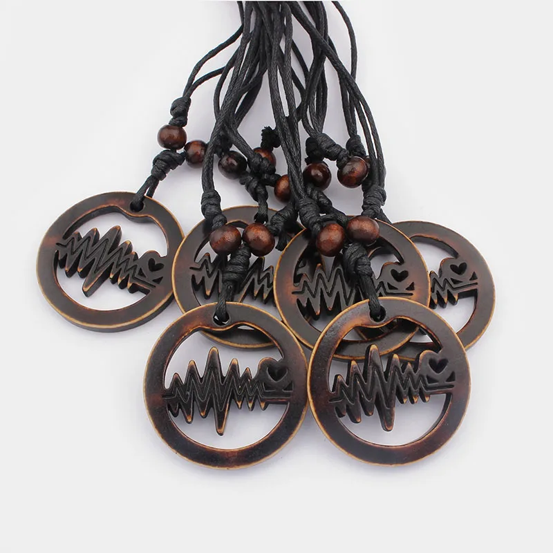 12pcs Electrocardiogram Round Pendants Necklace Imitation Yak Bone Resin Heartbeat Charms Necklaces Fashion Jewelry Lover Gift