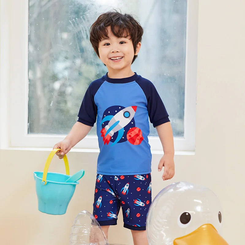 Toddler Boys Swimsuit Sets 1-7 Years Rocket Print 2PCS Boy Swimwear Children Bathing Suit Beachwear Short Sleeve Kids Boy Surf