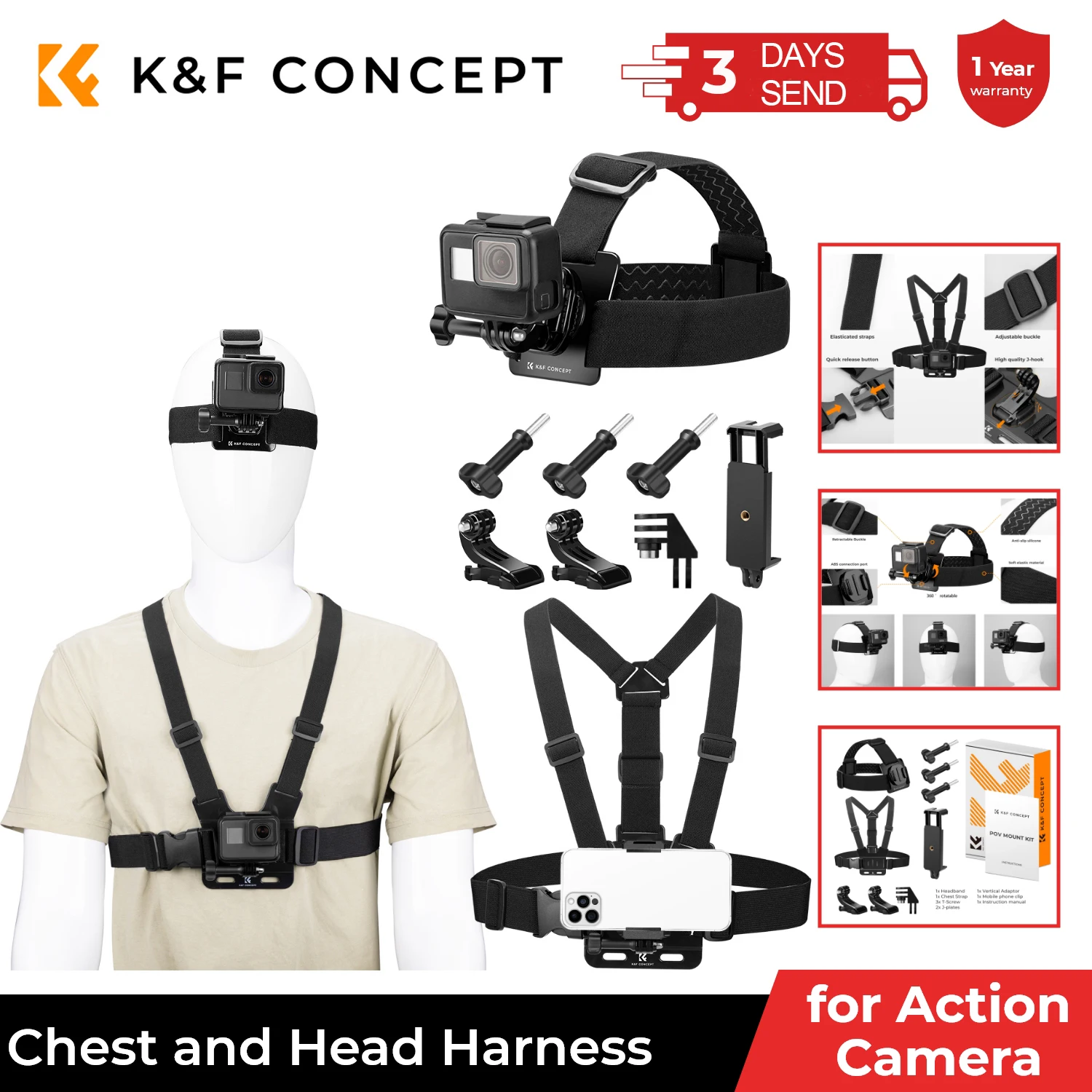 Head Strap Chest Mount Set for GoPro Hero 13 12 11 10 9 8 7 6 5 4 Session DJI Osmo Action Cameras K&F Concept Accessories Kit