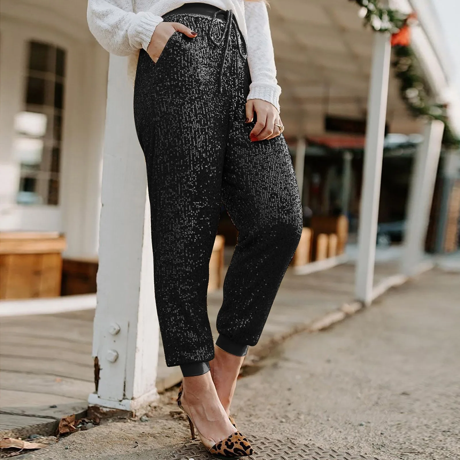 

Sequin Pants For Women Sequined Shining Loose Full Pant Women Mid Waist Club Night Lady Wide Leg Trousers For Women's Clothing