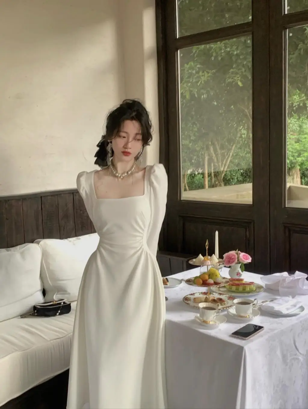 Spring New Elegant Square Collar Midi Party Dresses for Women Long Sleeve Black White Slim Vestidos Female High Waist Clothes