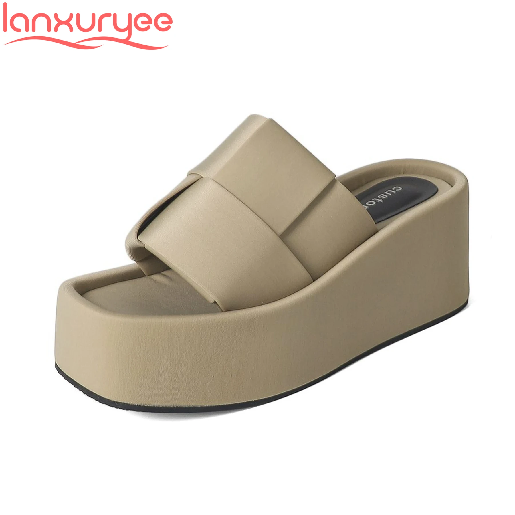 

Lanxuryee Comfort Fabric Peep Toe Slingback Summer Mules High Heels Thick Bottom Casual Modern Vacation Platform Women Sandals