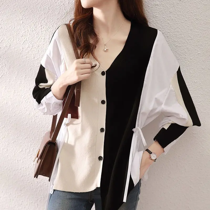2023 Spring and Autumn Women's Fashion Shirt Splicing Fake Two Piece Set Thin Knitted Cardigan Comfortable Long Sleeve Top