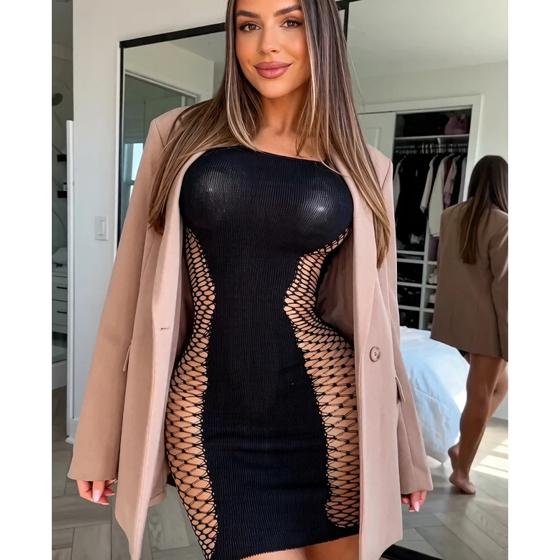 Damen Sommer Strandkleid mit Aushöhlungen, Bodycon-Kleid ohne Unterwäsche, Transparentes Netzstoff-Fischernetzkleid für Musikfestivals und als Badeanzug