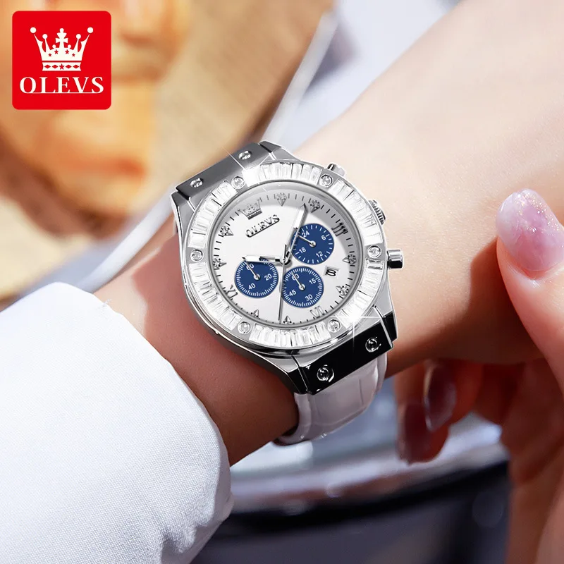 

OLEVS 9978 Chronograph Quartz Watch for Ladies Luxury Multifunction Date Waterproof Leather Strap Quartz Women's Watch