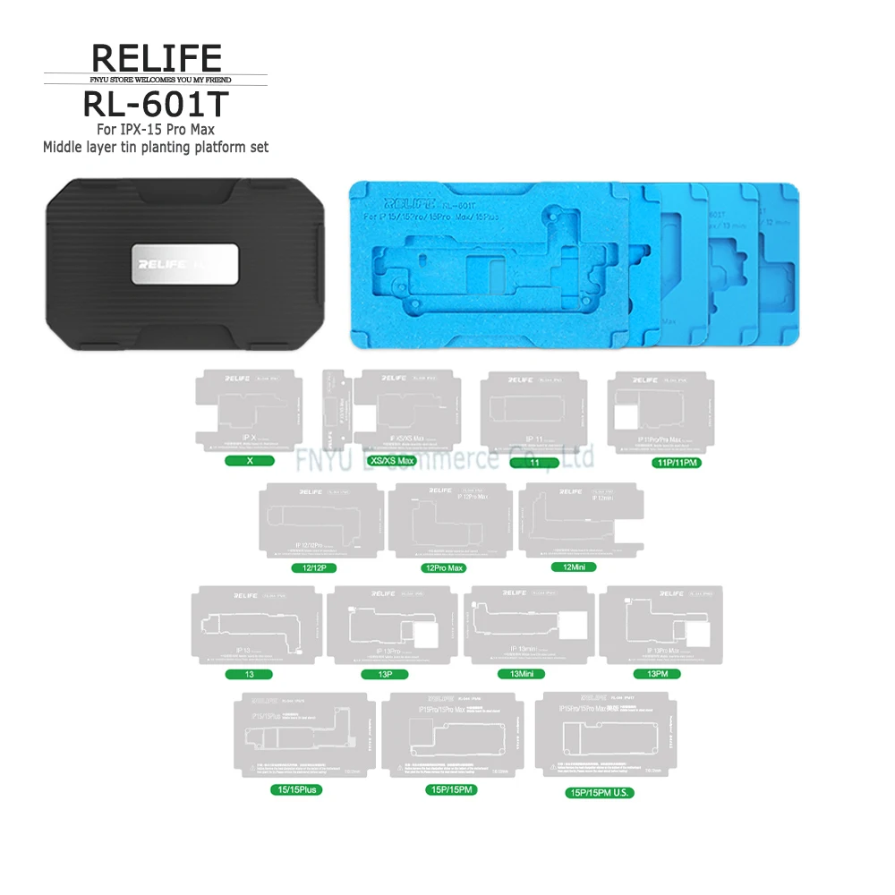 

RELIFE RL-601T Tin Planting Platform 22 in 1 for IP X 11 12 13 14 15 Pro Middle Layer Board BGA Reballing Stencil Repair Kit