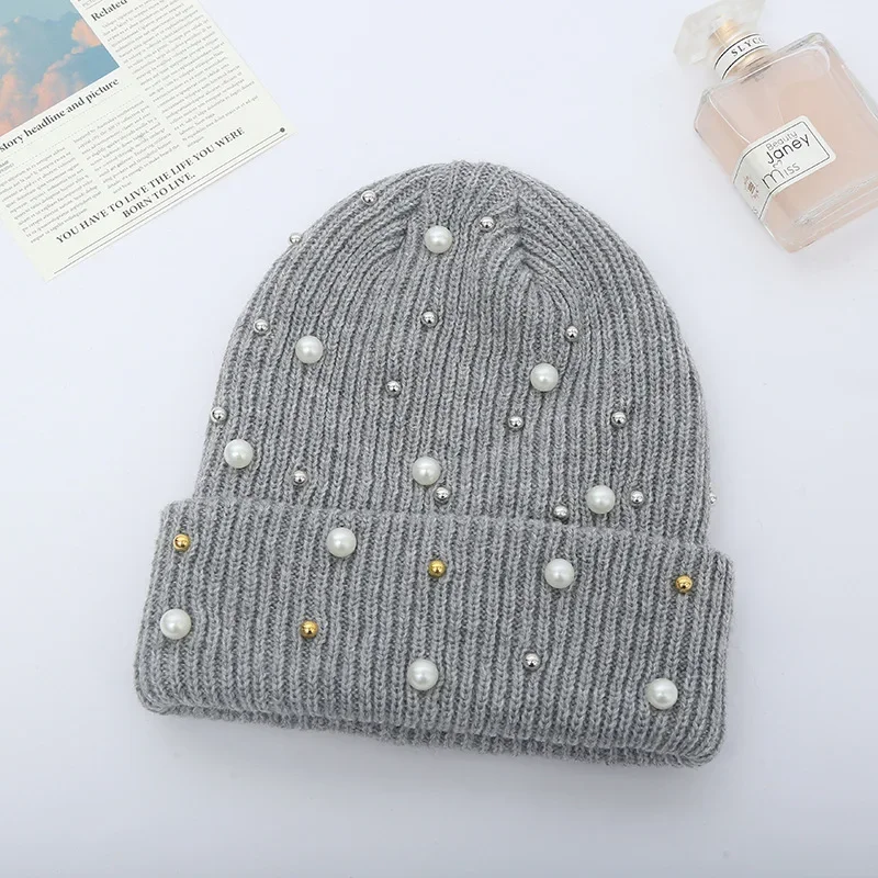 Fashion Pearl Hats Women Winter Knitted Caps Soft Beanie Women's Hat Female Cap Girls Skullies Beanies gorros mujer invierno 4
