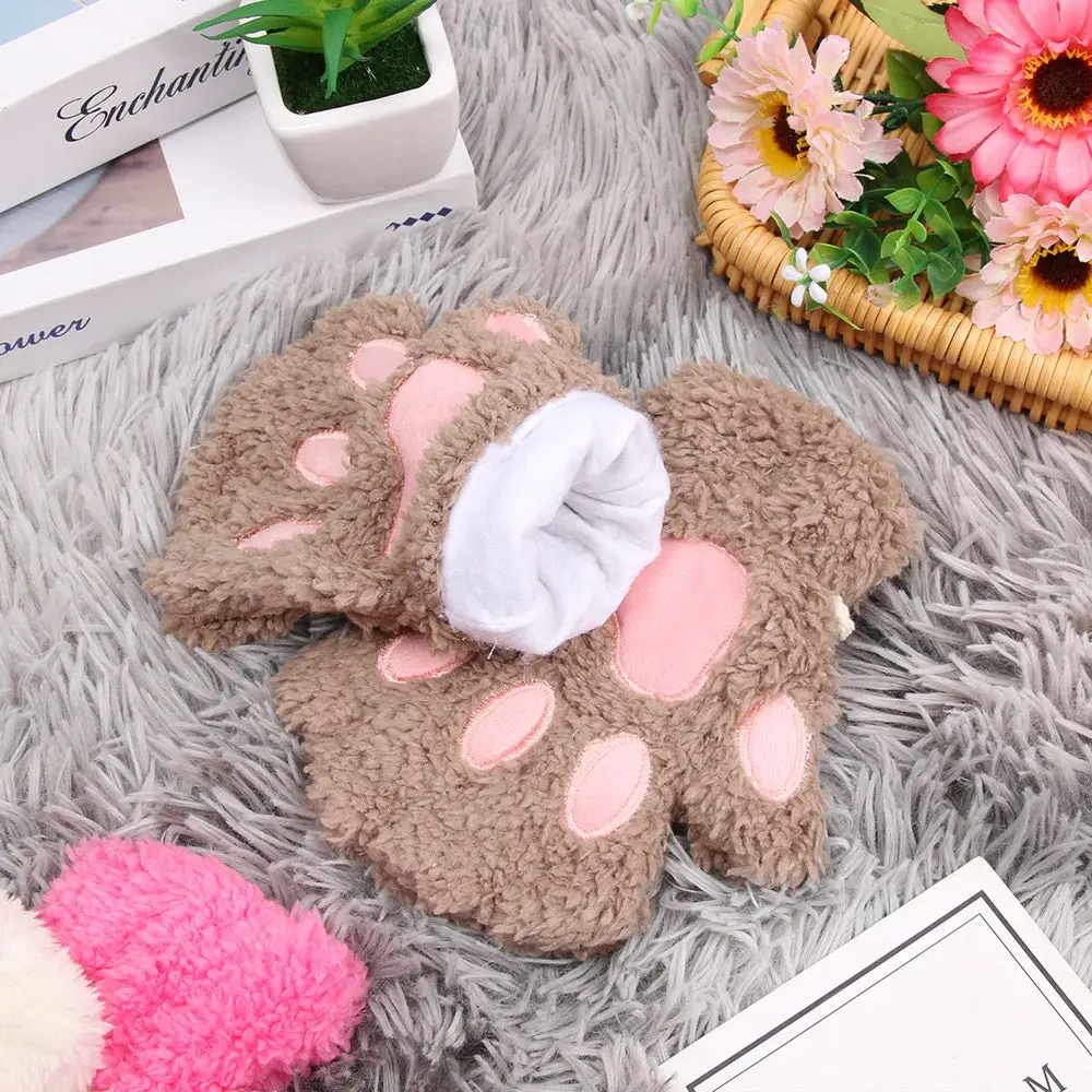 Fashion Warm Plush Warm Fluffy Fingerless Cat Paw Mittens Children Gloves