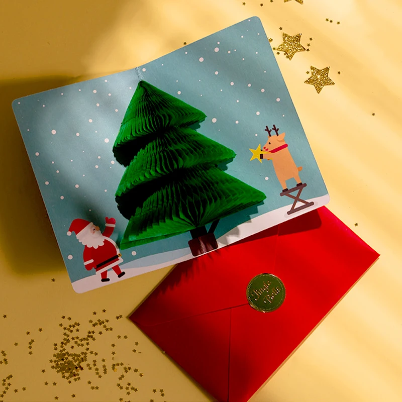 3D Honeycomb Paper Pop-Up Greeting Cards Envelope For Christmas Gifts Decor