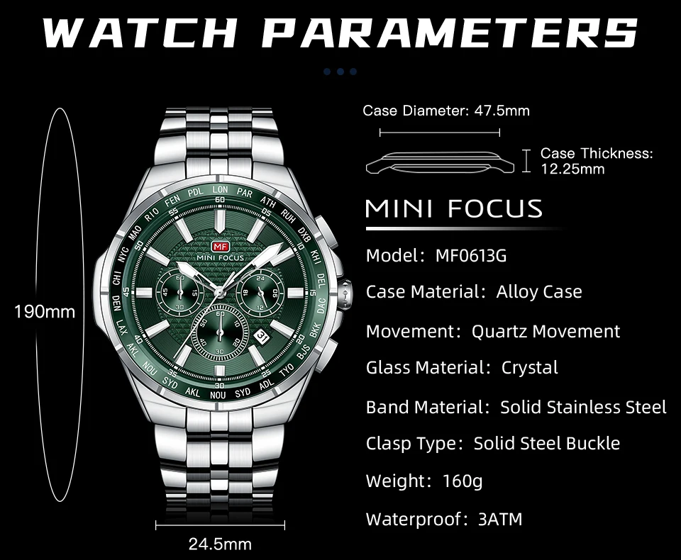 MINI FOCUS Orologio sportivo al quarzo da uomo, multifunzione, con piccoli quadranti, cinturino in acciaio inossidabile, orologi da uomo d'affari, nuovo 0613G_voghion.com