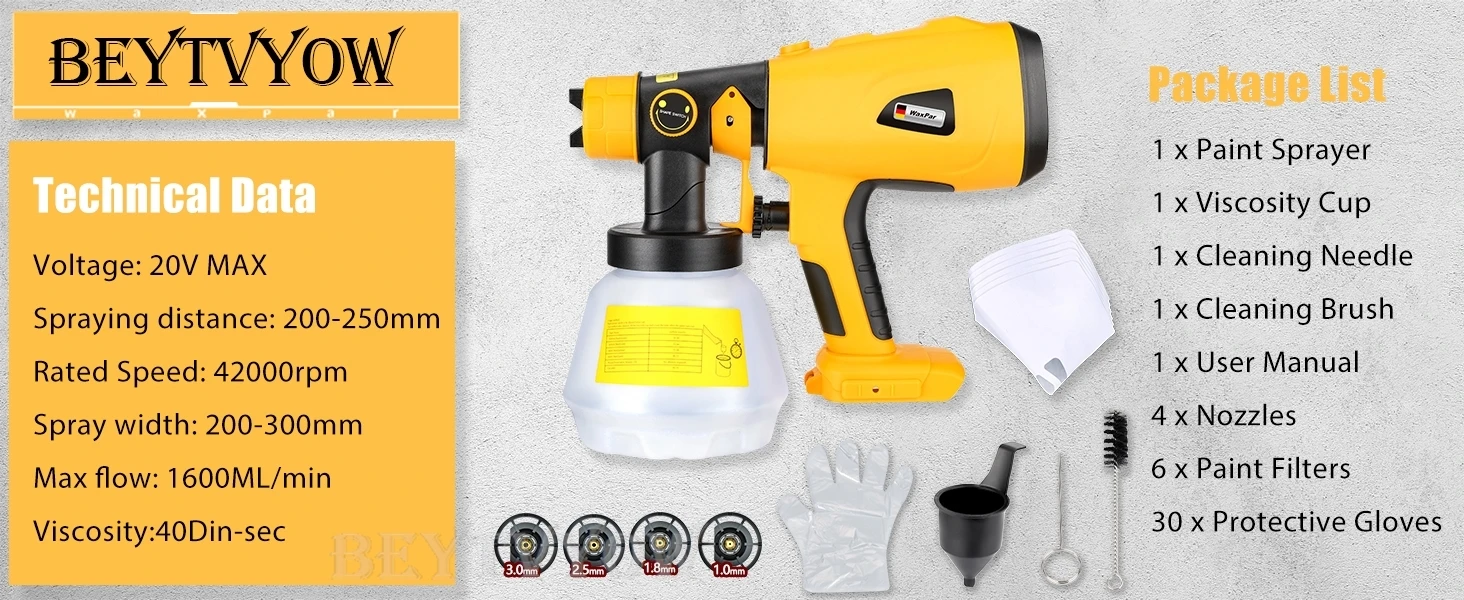Beytvyow Cordless Paint Sprayer Compatible with Dewalt 20V Battery 200W HVLP Pai