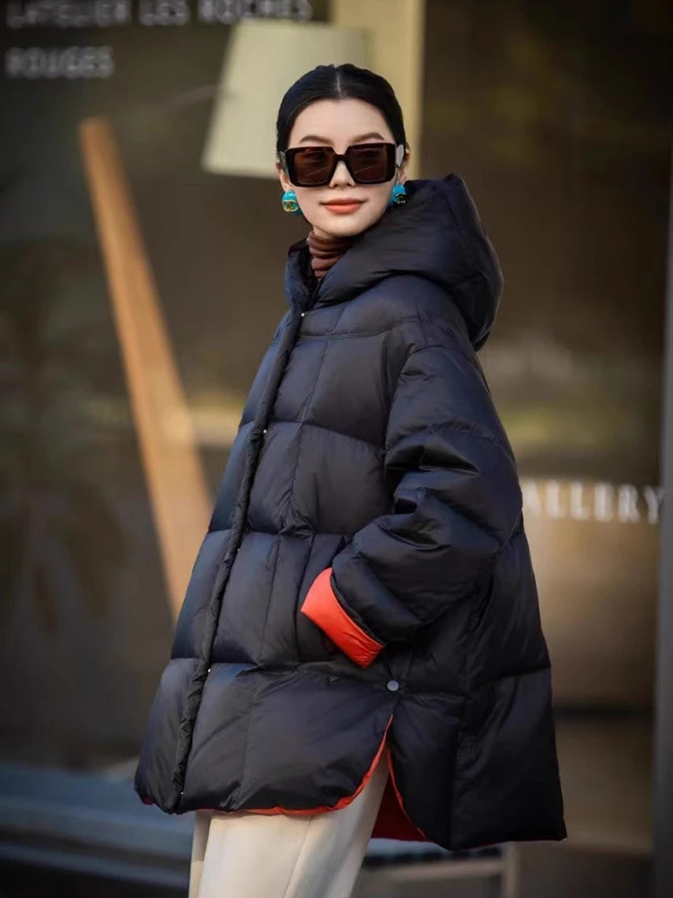 Winter Puff Hooded Patchwork Mid Length Down Jacket Women White Duck Down Fluffy Down Jackets Female Zipper Warm Parker Outwears