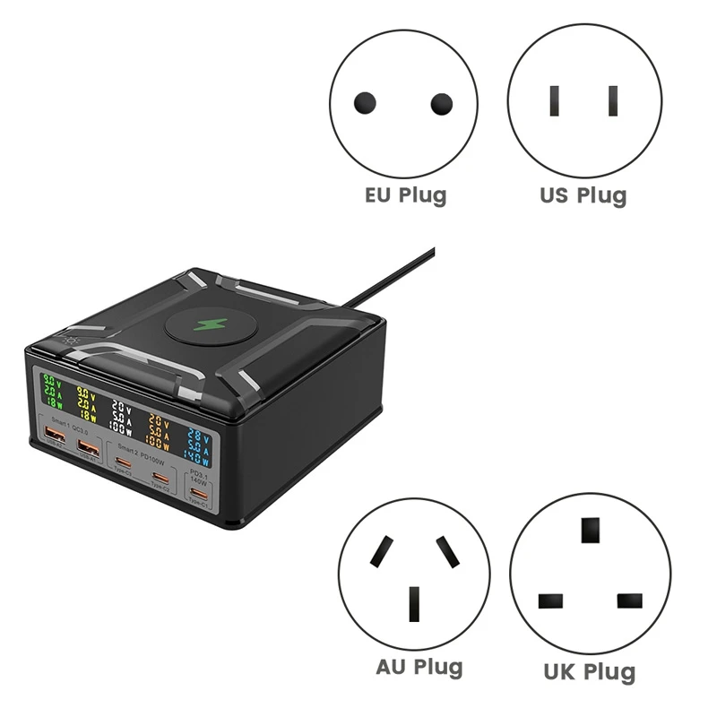 

NEW-260W High Power Laptop Charger Cell Phone Fast Charging QC3.0 PD3.1 Multi-Port Charging Wireless Charging