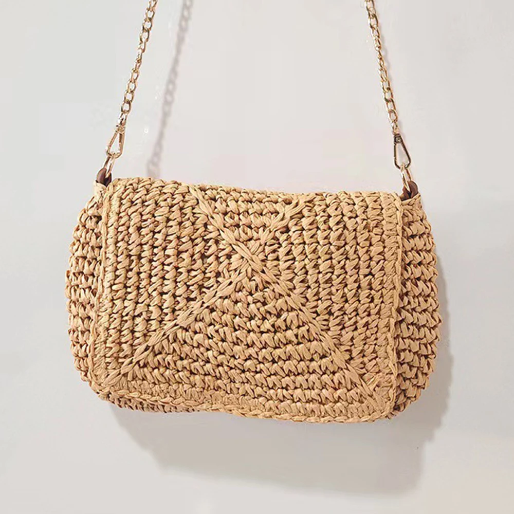 

Summer Travel Beach Bag Bohemian Woven Straw Bags for Women Handbag Chain Shoulder Bag Handmade Rattan Crossbody Bags Female New