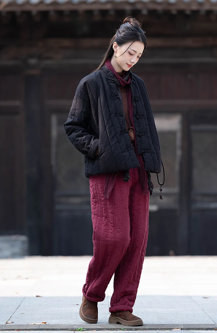 Johnature Women Chinese Style Linen Parkas Solid Color Stand Long Sleeve Winter Coats 2025 New Button Plus Cotton Warm Parkas