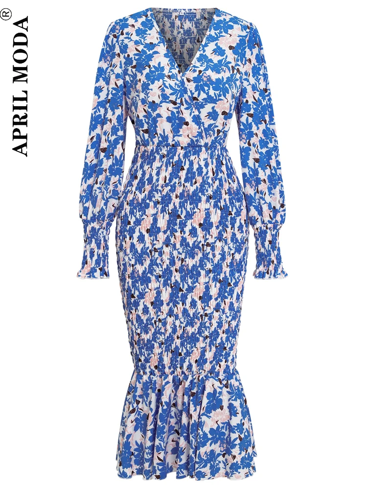 2022 Red Blue Mermaid Hem Floral Bandage Wrap Pencil Dress Autumn