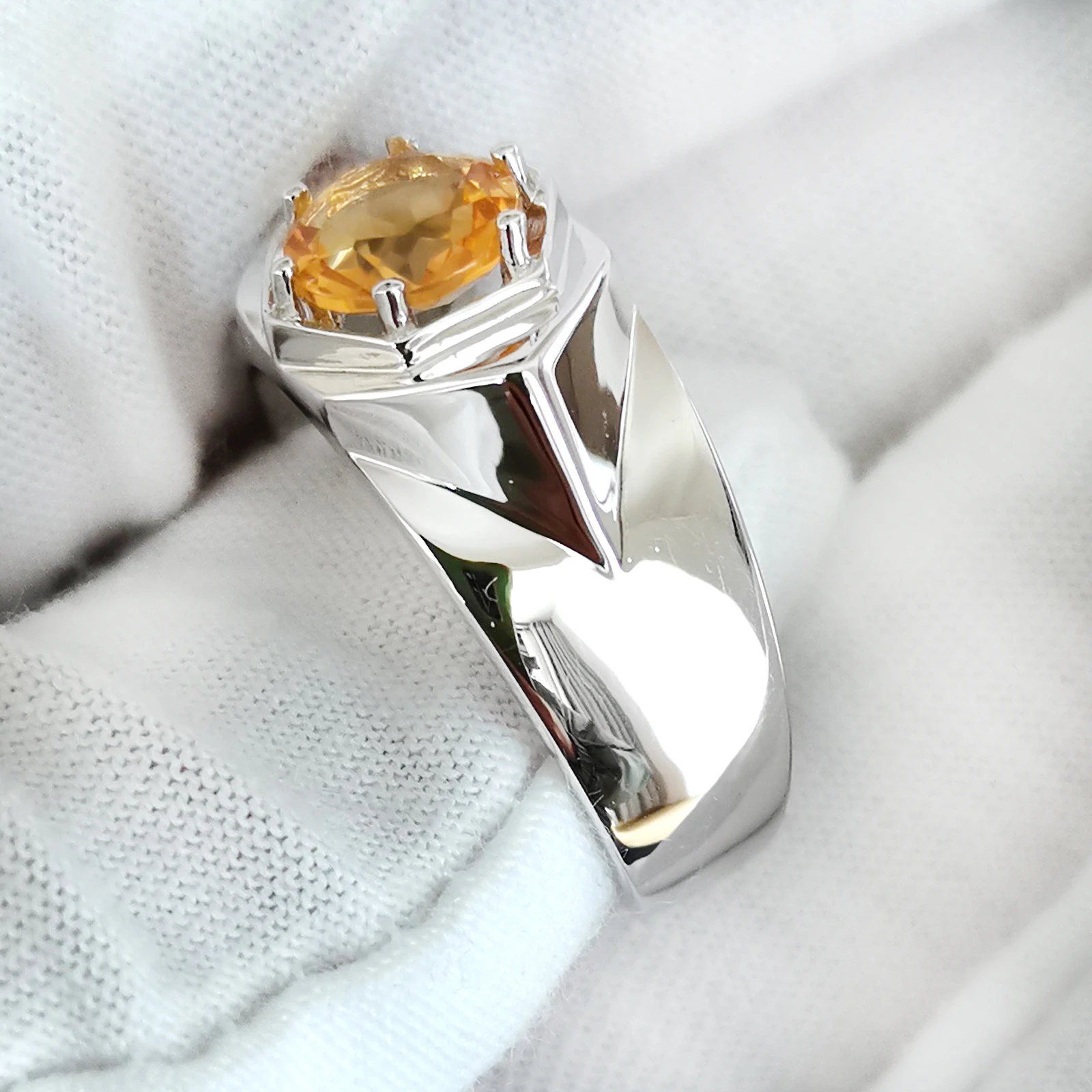 Natural Yellow Citrine Men Ring 925 Silver 7.5mm Lucky Gemstone 6-prong November Birthstone Birthday Gift R515GCN 2