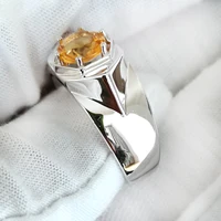 Natural Yellow Citrine Men Ring 925 Silver 7.5mm Lucky Gemstone 6-prong November Birthstone Birthday Gift R515GCN 2