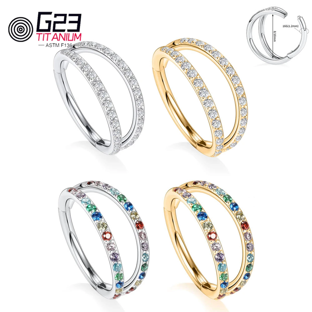 

F136 Titanium 16G Cartilage Septum Hoop Body Piercing Jewelry Double Row Plated CZ Beads Conch Lips Nose Rings Tragus For Women