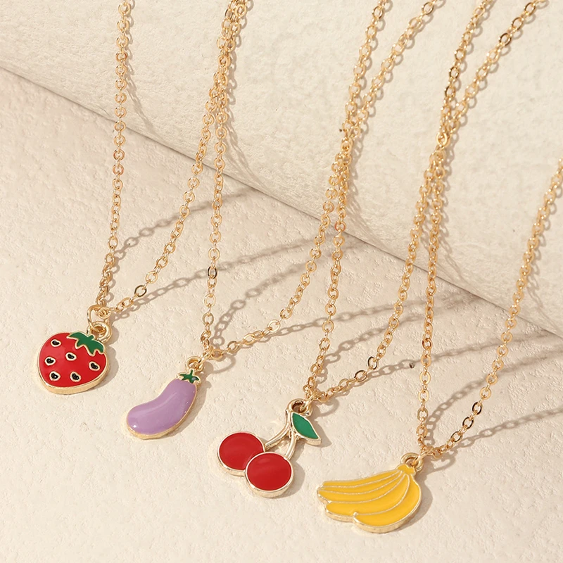 

4pcs Cute Fruit Pendant Necklace for Women Fashion Enamel Golden Chain Eggplant Banana Strawberry Cherry Choker Girl Fine Bijoux