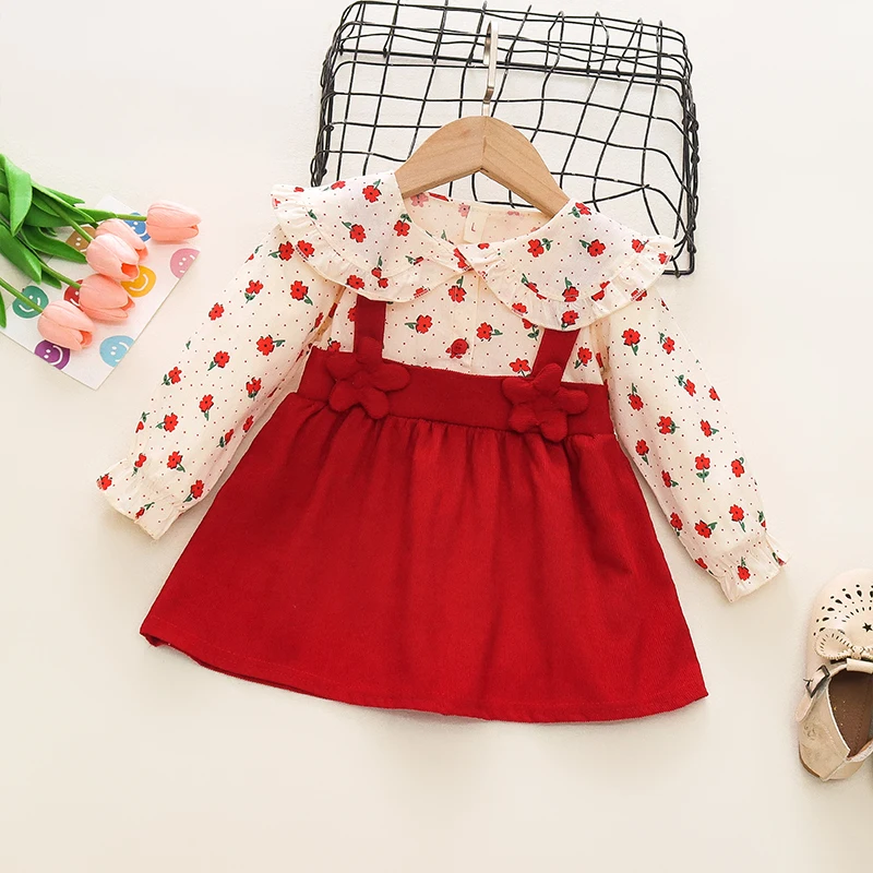 Girls Dress Autumn New Girls' Fake Two-Piece Long Sleeved Floral Dress Children's Clothing Doll Collar Bow Shirt Children's Skirt