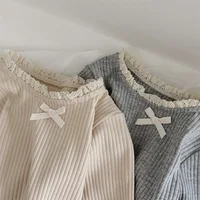 2024 Autumn New Baby Girls Lace Collar Long Sleeve Tops Solid Infant Toddler Cute Bow Princess Bottoming Shirts Cotton Clothes 2