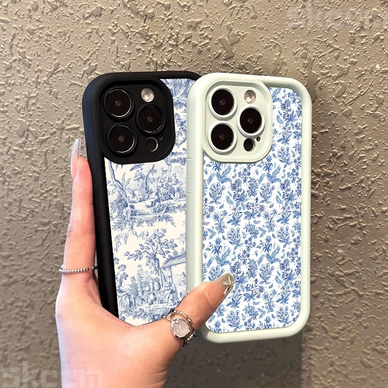 Blue Retro Tea Break and Flower Pattern Silicone Phone Case