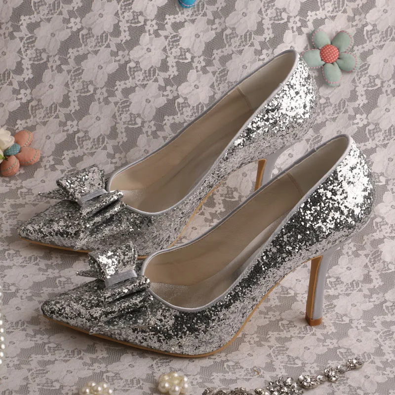 

Wedopus Fashionable Pointed Toe Silver and Glitter Wedding Shoes High Heeled Bow Pumps