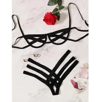 Ensemble de Lingerie harnais de Bondage pour femmes, soutien-gorge élastique ajouré, noir, Cage sans bonnet, string, intimes Sexy, sous-vêtements exotiques 2