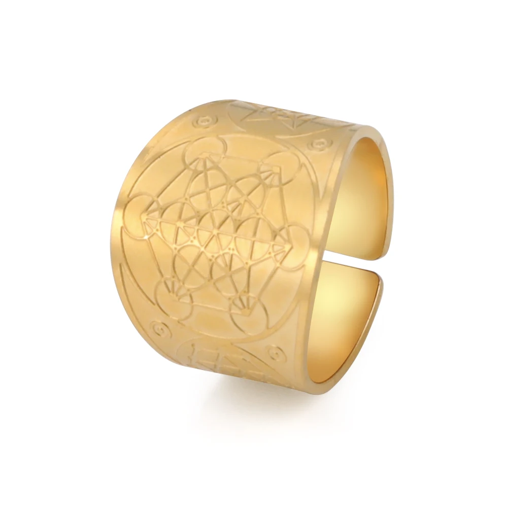 Kkjoy Edelstahl Goldfarben Kupfer Antike Bronze Sechseckiger Stern Magischer Kreis Mond Offener Ring für Männer Party Geschenk Einzelhandel – Detail 27