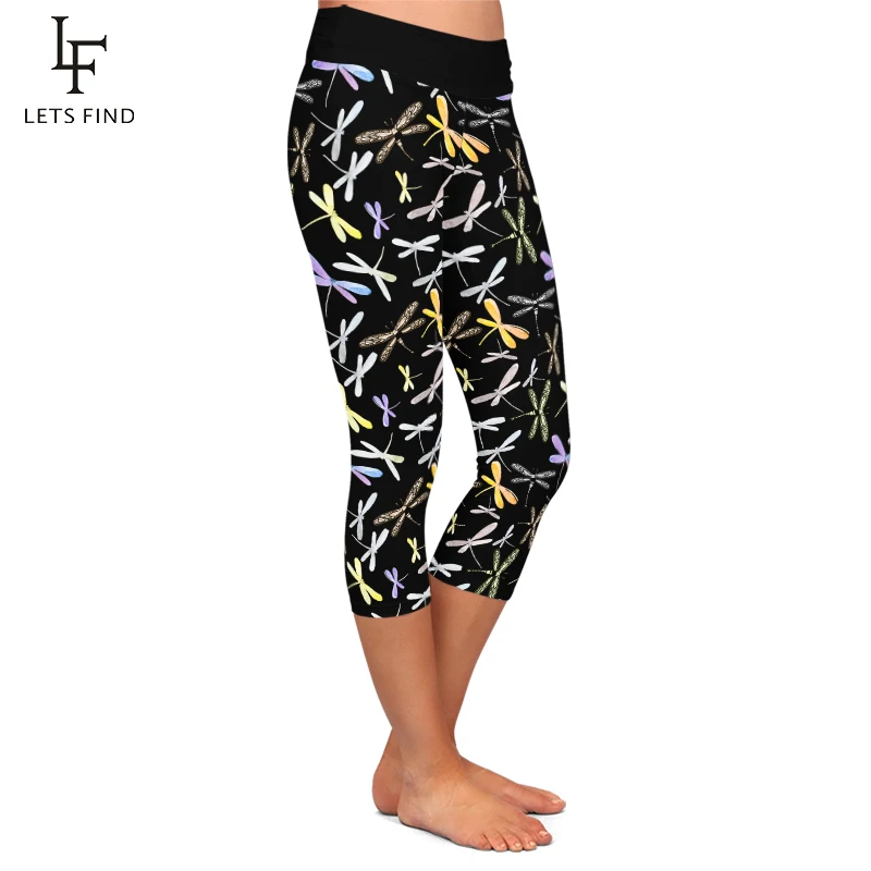 LETSFIND High Waist Women's Leggings 3D Dragonfly Print Capri Leggins Summer Soft Fitness Mid-Calf 3/4 Stretch Pants