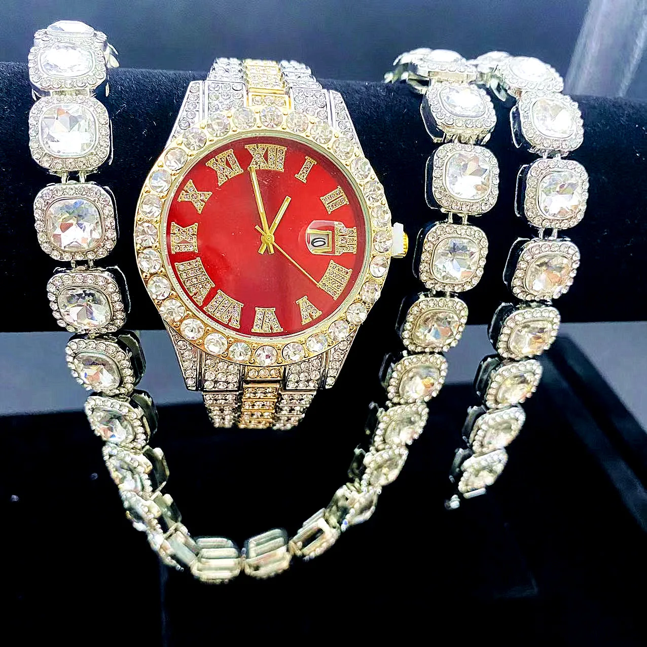3PCS Hip Hop Watch Necklace Bracelet Jewelry For Men Women Iced Out Bling Cuban Chain Tennis Silver Color Miami Christmas Gift