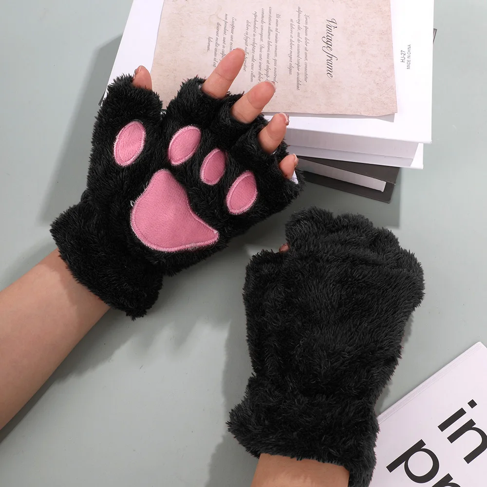 2023 Cute Bear Paw Women Gloves Korean Cat Claw Paw Plush Mittens Warm Half Finger Winter Gloves Christmas Halloween Girls Gift kawaii thickened velvet warm full finger gloves cat claw cute plush gloves winter even fingers gloves girl mittens cold proof