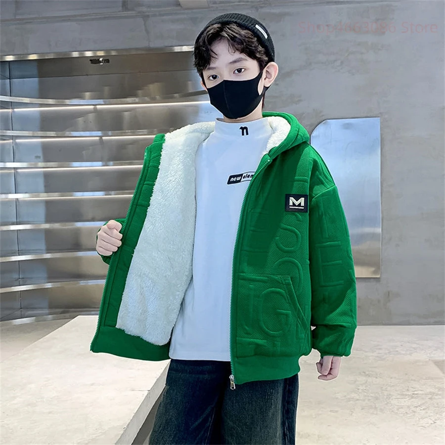 

Winter Boys Coat 2024 New big boys Hooded Cotton Plus Velvet Thicken Warm Jacket For Children's Coat For Boys 5-14Years