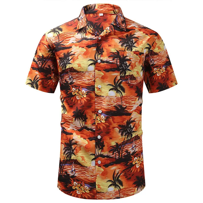 thumbnail image 1 of Camisa de manga corta de poliéster de verano para hombre, con estampado de hojas de madera, camisas hawaianas para playa, blusa informal para hombre, ropa para hombre, 1 of 5