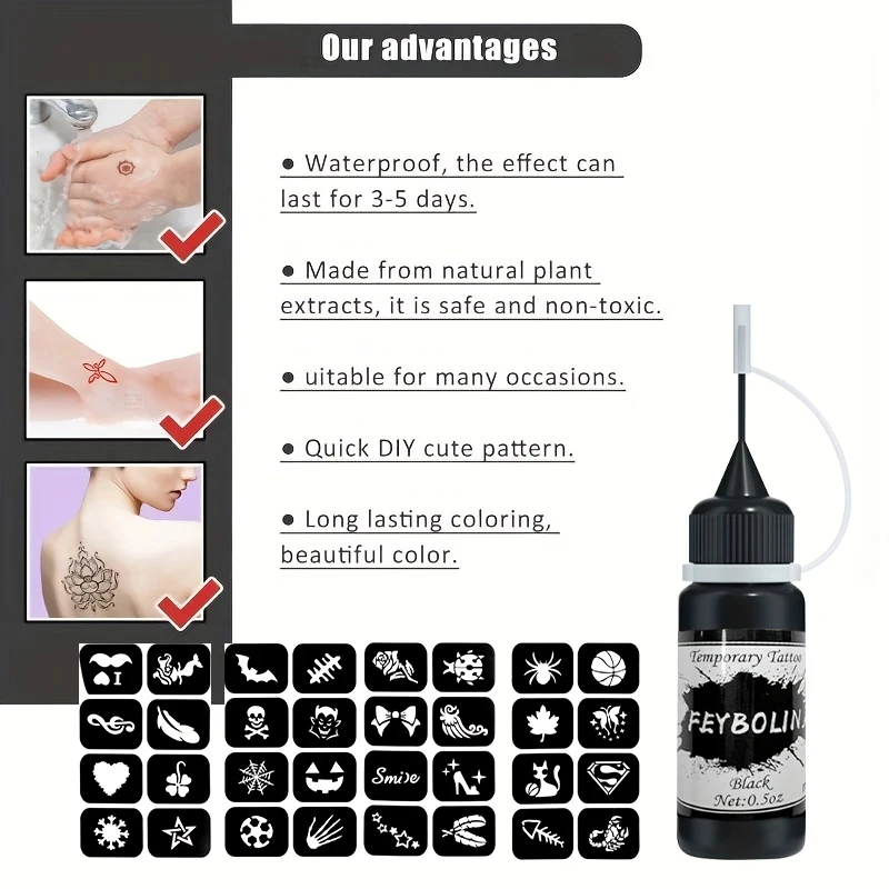 Gel per tatuaggi temporanei nero con set di modelli. Crema per pittura body art Pasta per tatuaggi all'henné Crema Pasta di succo per tatuaggi body art - immagine 6
