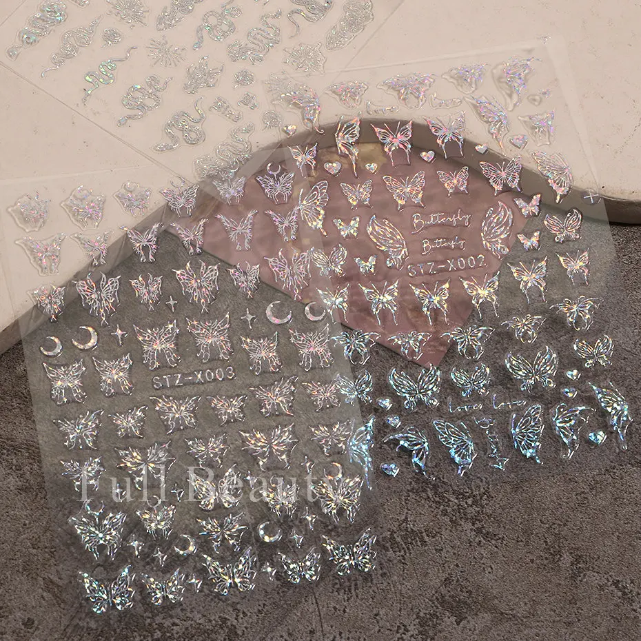 Nail Stickers Laser Butterfly Stickers Nails Holographic Snake Dragon Heart Star Moon Adhesive Sliders 3D Nail Art Decal Decoration LASTZX