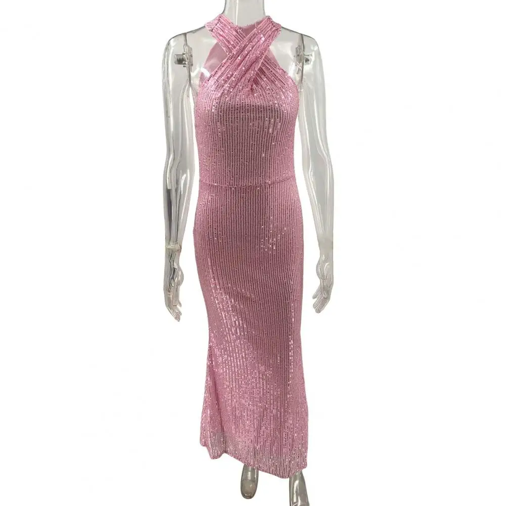 

Женское вечернее платье с блестками, элегантное платье-футляр с лямкой на шее и открытой спиной, платье с открытыми плечами для выпускного вечера