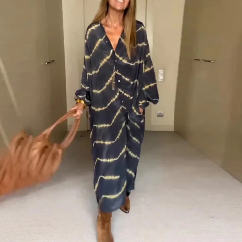 

Retro Casual Striped Print Long Cardigan Dress Women Spring V-neck Button Office Dress Autumn Long Sleeve Loose Boho Maxi Dress