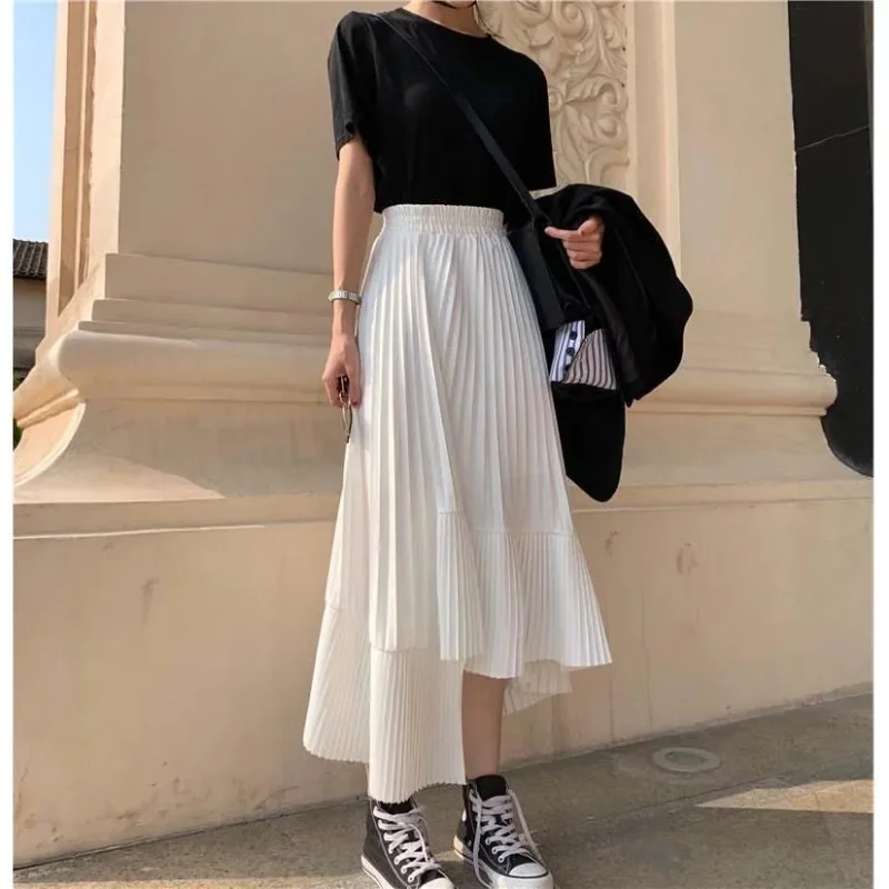 

White Pleated Skirt for Women New Summer Korean High Wasit Lady Skirts Fashion Asymmetrical Ruffles A-line Chiffon Long Skirts