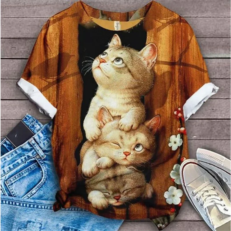 

2023 Summer New Women's Fashion T-shirt Cat Pattern 3D Print Short Sleeve Shirt Hot Sale Street Female Wear O-Neck Casual Blouse