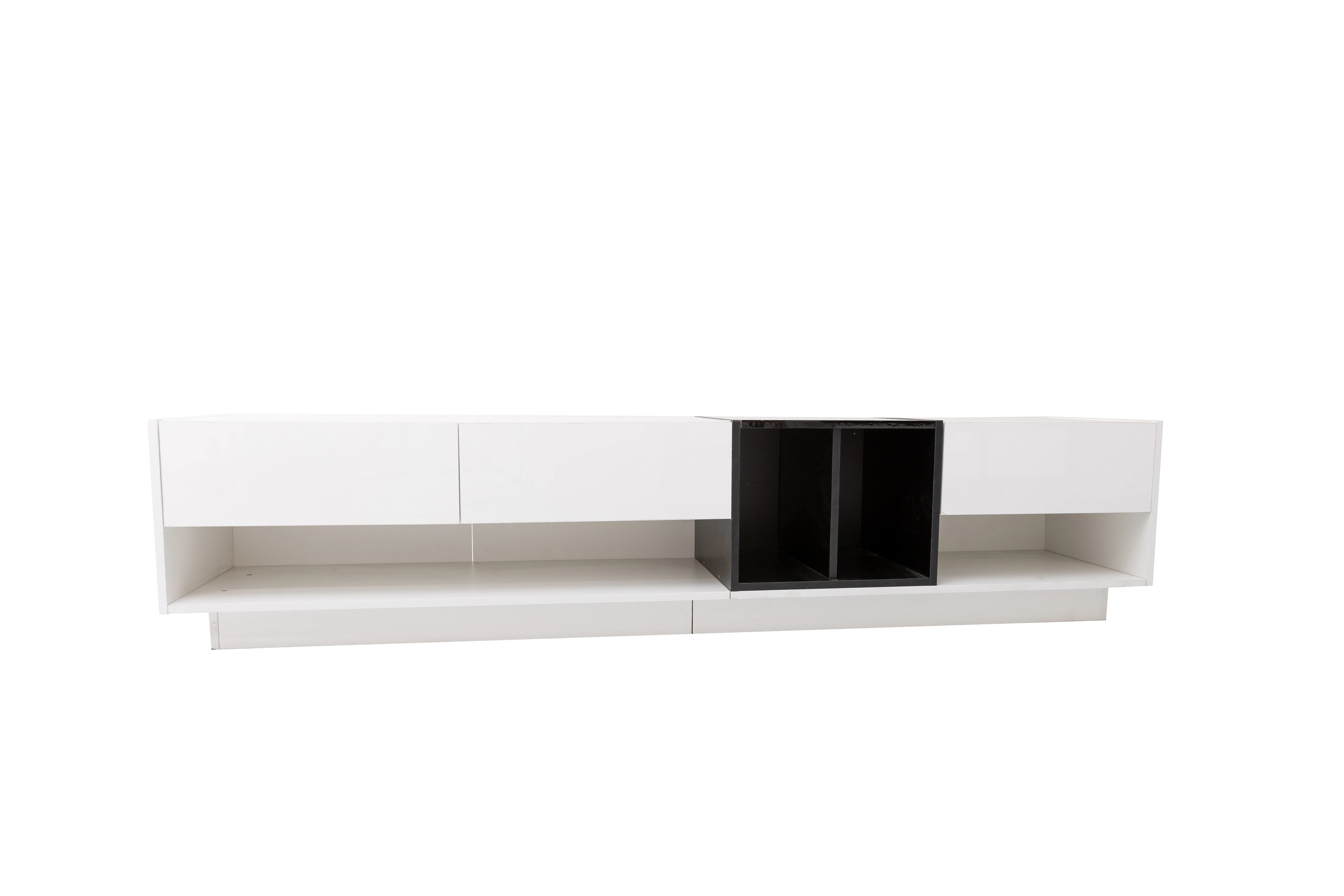 TV-Schrank/Lowboard, Kombination aus Hochglanzweiß und Schwarz. Farbblockierendes Design, Schubladen, Fächer, mehrfacher Stauraum – Detail 18