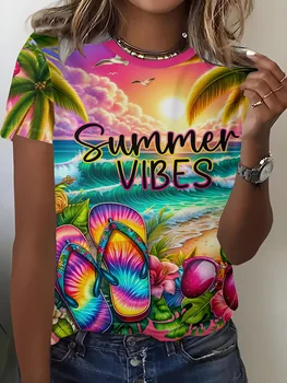 Vibrant Women's Tee - "Summer Vibes" Beach Graphic, Tropical Sunset & Flip-Flop Print Design for Casual Daily Wear 1