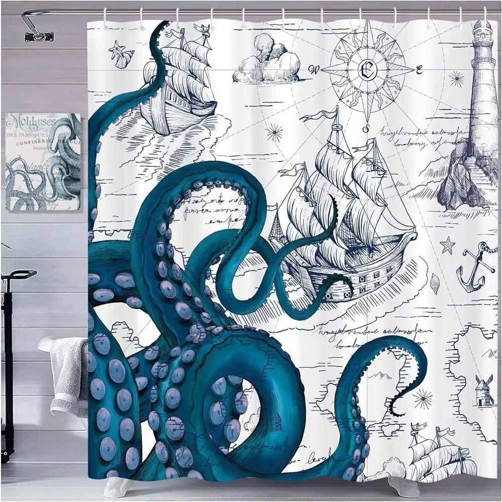 

Blue Octopus Shower Curtain Ocean Beach Sailboat Lighthouse Vintage Nautical Map Bath Curtains Fabric Bathroom Decor with Hooks